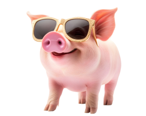 A happy pink pig wearing sunglasses, symbolizing wealth and financial confidence.