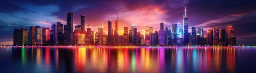 Fototapeta premium A vibrant city skyline reflects in water, illuminated by colorful lights against a dramatic sunset backdrop.