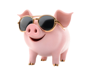A happy pink pig wearing sunglasses, symbolizing wealth and financial confidence.