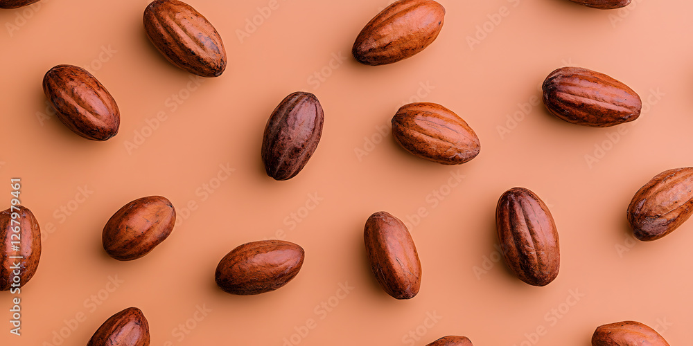 Poster cocoa bean pattern: a captivating composition of cocoa beans on a brown background. a delectable pat
