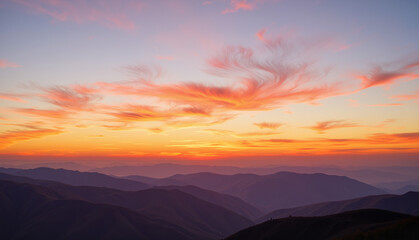 Sunset sky with colorful clouds over mountainous landscape