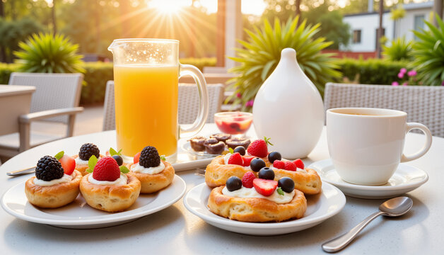 Breakfast with pastries and juice on a table in a sunny garden