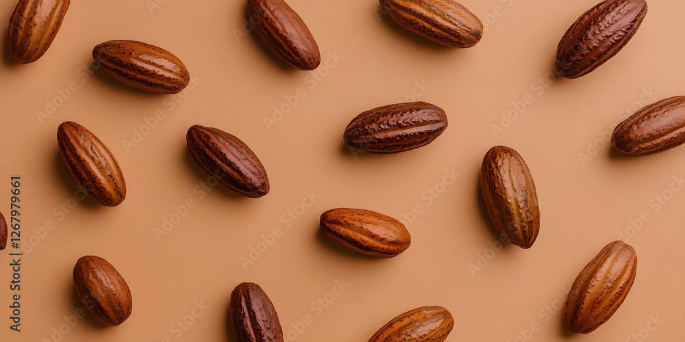Poster cocoa pod arrangement: a visually appealing pattern of cocoa pods displayed on a plain surface, high