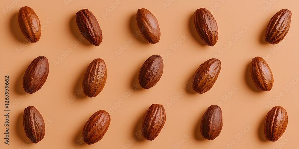 Poster rows of cocoa beans create a visually appealing pattern. the rich, brown pods offer a glimpse into t