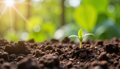 Sprouting plant emerging from soil in vibrant green environment