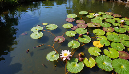 Water lilies floating on tranquil pond
