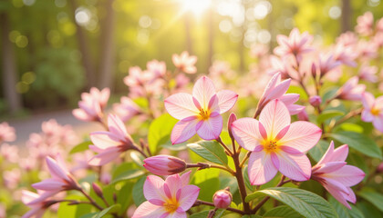 Obraz premium Delicate primrose flowers blossoming in morning light, serene beauty