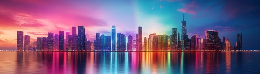 Obraz premium A vibrant city skyline reflecting colorful lights on water, showcasing a modern urban landscape at dusk with a mesmerizing array of hues.
