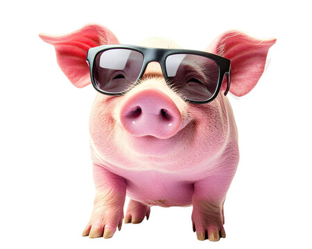 A happy pink pig wearing sunglasses, symbolizing wealth and financial confidence.