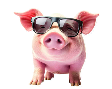 A happy pink pig wearing sunglasses, symbolizing wealth and financial confidence.