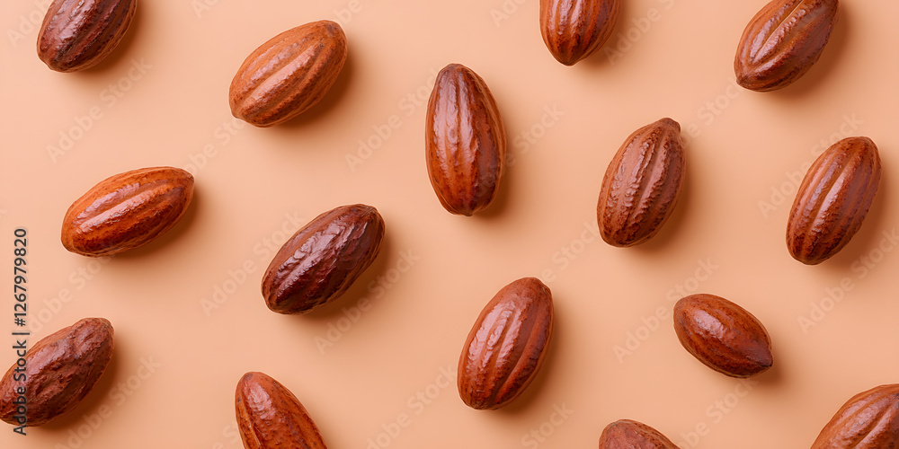 Poster cacao pod pattern: rich, textured cacao pods arranged in a visually appealing pattern against a neut