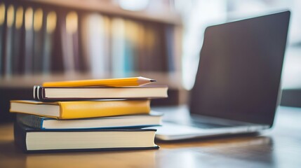 Stack of books pencil and laptop on a desk