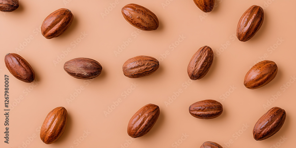 Poster an array of cocoa pods displayed on a soft peach-colored backdrop, highlighting natural textures and