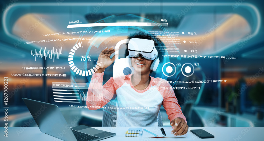 Aufkleber student with casual cloth access with security system while using augmented reality glasses. girl ch