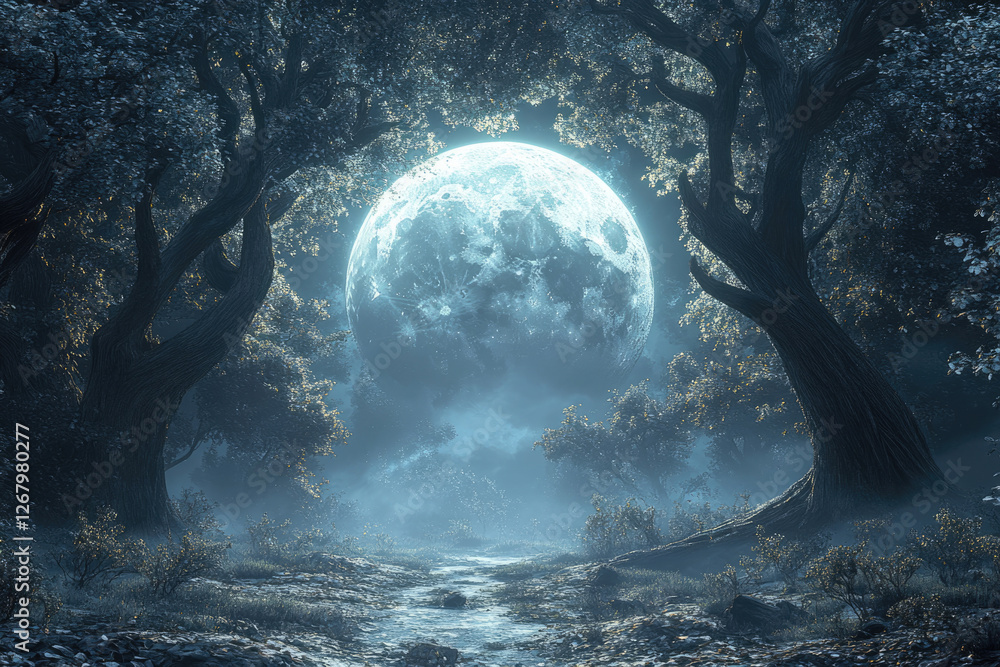 Poster enchanted forest path bathed in the ethereal glow of a full moon, creating a mystical atmosphere.