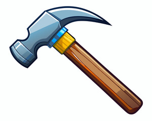 Vector drawing of a claw hammer, wooden handle with steel head, ultra-realistic on a white background.