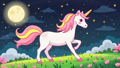 Majestic unicorn walking through meadow under starry sky, fantasy wonder