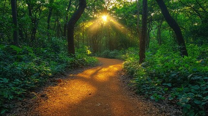 Fototapeta premium Sunlit Forest Path Winding Through Lush Green Foliage