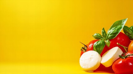 Fresh mozzarella and tomatoes on a vibrant yellow background.  A delicious summer scene!