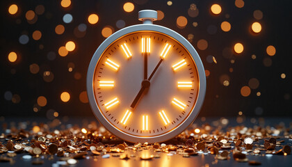 Clock with glowing numbers and coins on dark background
