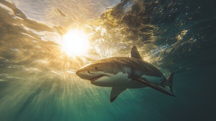 Fototapeta premium Dolphin swimming at sunset in calm ocean waters with vibrant colors reflecting off the surface