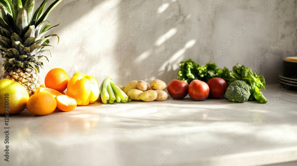 Poster fresh fruits and vegetables arranged neatly on a kitchen countertop illuminated by sunlight. generat