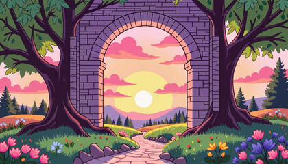 Mystical archway leading to vibrant meadow at sunrise, magical journey