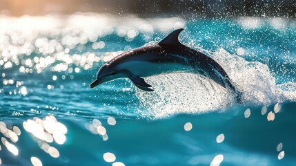 Fototapeta premium Dolphin leaping out of the turquoise ocean, water droplets sparkling in the sunlight.