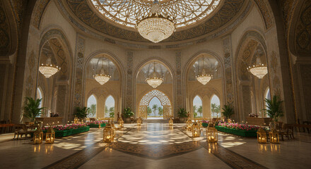 Obraz premium Interior of a grand Arabic palace, with Islamic architecture, and patterns, hallway