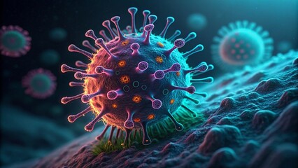Close-up of a microscopic virus with intricate details, glowing in bioluminescent colors. Ultra-detailed, photorealistic 8K.