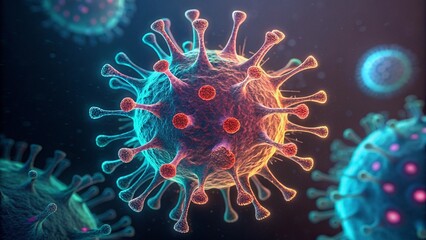 Obraz premium Close-up of a microscopic virus with intricate details, glowing in bioluminescent colors. Ultra-detailed, photorealistic 8K.