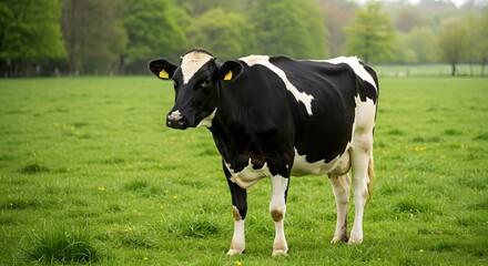 Standing Cow in Green Pasture Grazing on a Farm on a Sunny Day