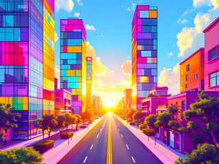 A vibrant cityscape with colorful skyscrapers and a bustling street at sunset.