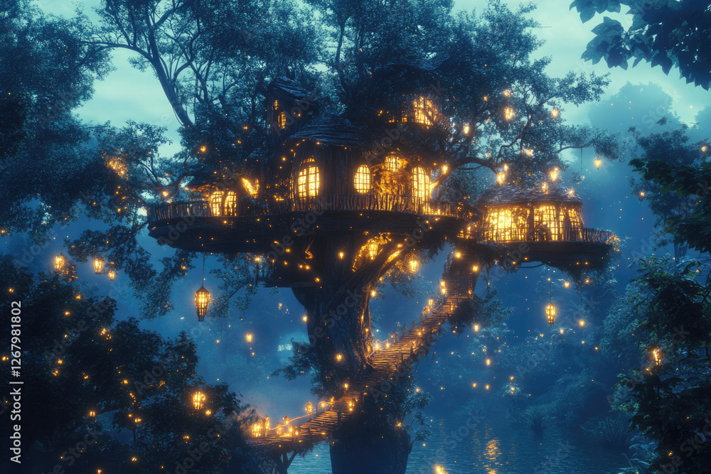 Poster enchanted treehouse nestled in a mystical forest, illuminated by glowing lights and lanterns.