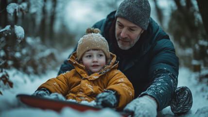 Joyful winter adventure with father and son in snowy forest