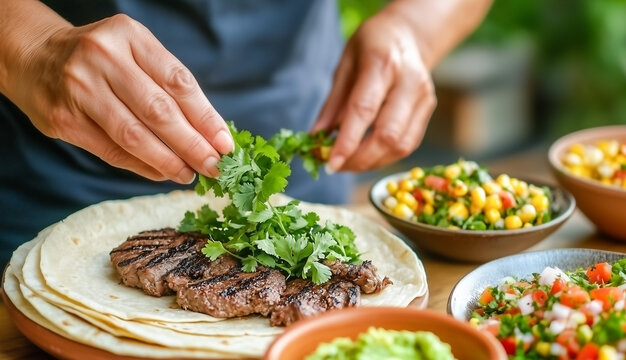 Hands preparing fresh tacos with grilled meat and various toppings from Latin American cuisine.