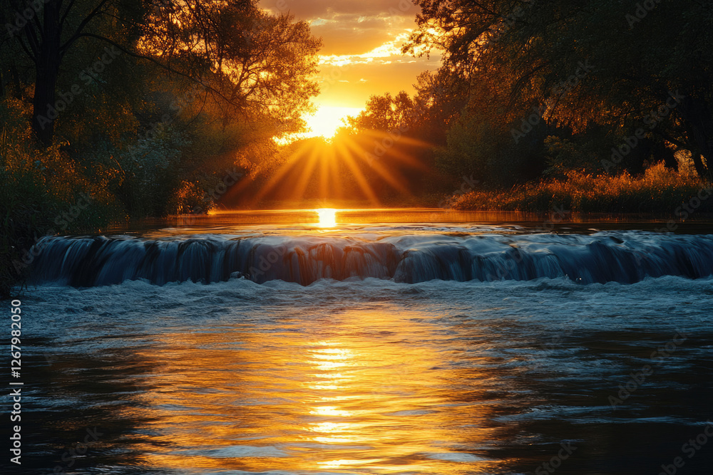 Poster Sunset illuminates a serene river flowing over a small waterfall, surrounded by lush trees.