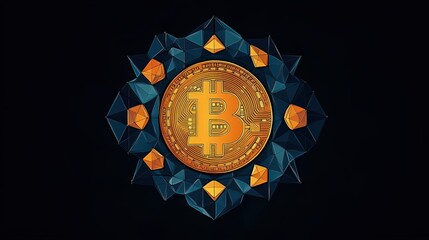 Golden Bitcoin Surrounded By Geometric Shapes In Dark Background