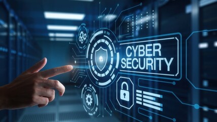 Hand interacts with digital cyber security interface in data center