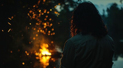 , Man with long dark hair standing near a glowing bonfire at night, embers floating in the cool air.