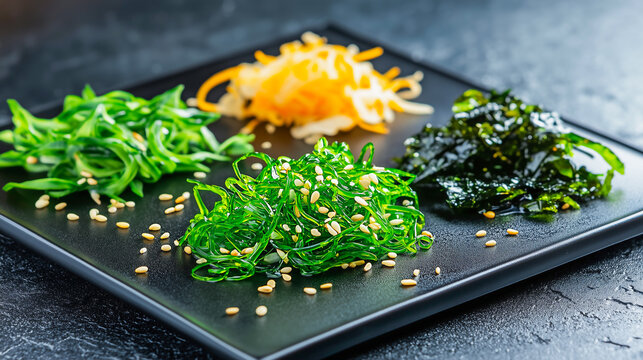 Colorful assortment of seaweed salads on a modern black plate.