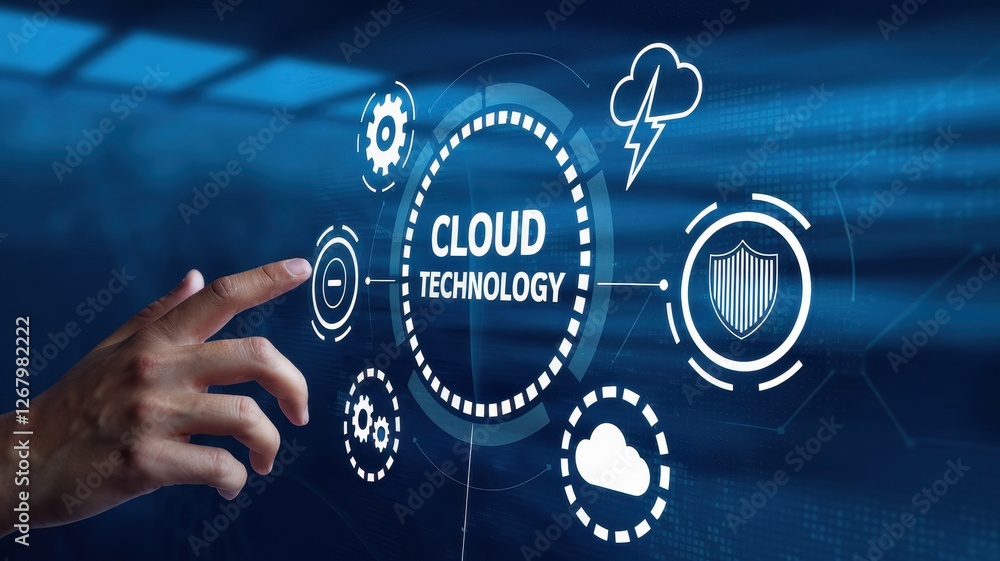 Aufkleber man is interacting with a cloud technology interface