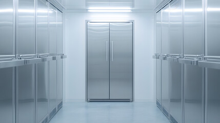 Naklejka premium Symmetrical fridges and freezers create a clean, minimalist aesthetic in a sterile environment. Bright, uniform lighting highlights the stainless steel.