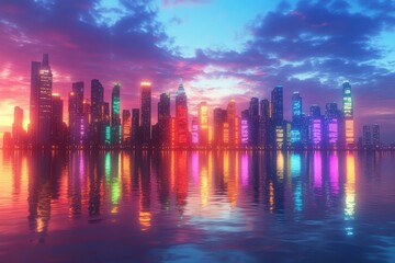 Fototapeta premium A vibrant city skyline illuminated with colorful lights, reflecting on water under a stunning sunset, creating a magical atmosphere.