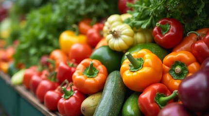 Close-up of a beautifully arranged agricultural produce display featuring colorful vegetables and fruits