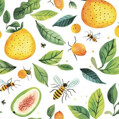 Colorful illustration of citrus fruits, bees, and leaves set against a white background in a vibrant design. Generative AI