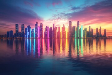 Obraz premium A vibrant skyline reflects in water under a colorful sunset, showcasing illuminated buildings in a modern city.