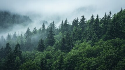 National Geographic A foggy mountain ridge covered in dense evergreen trees.