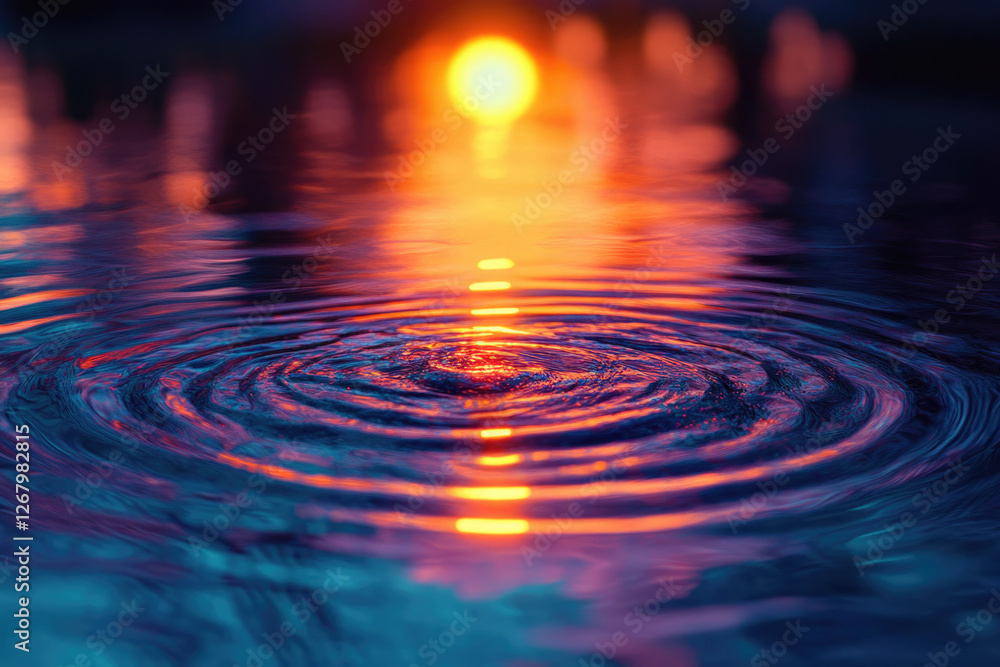 Aufkleber sunset reflected in calm water, creating concentric ripples and vibrant colors.