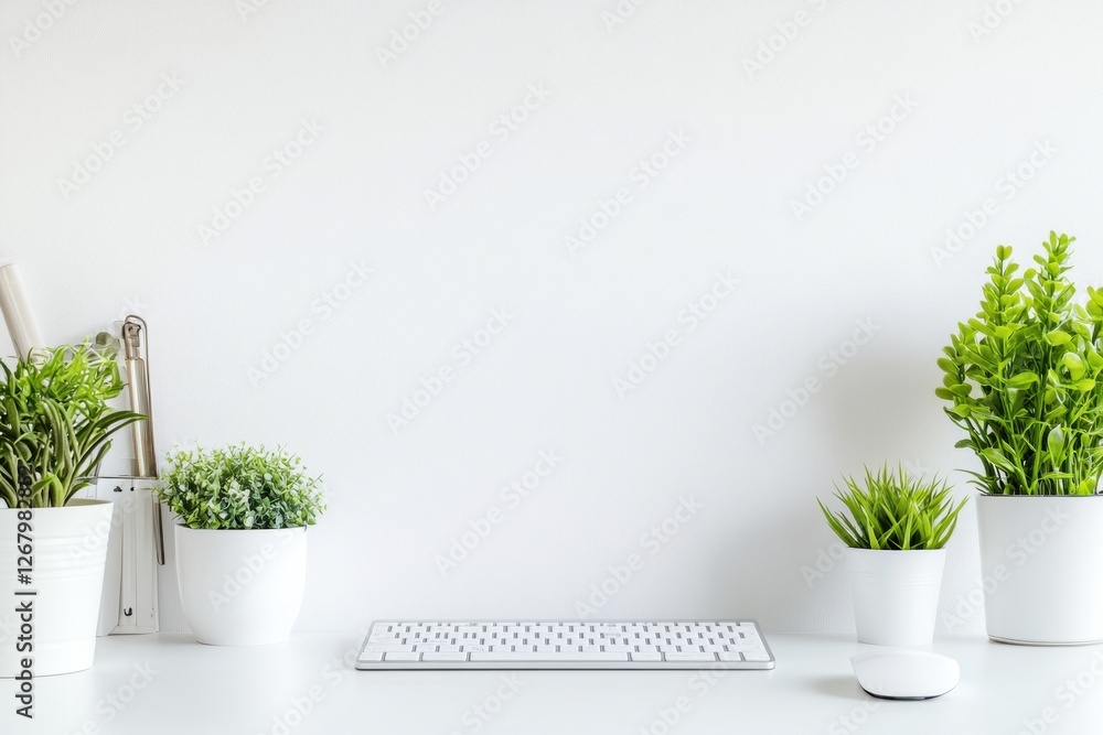 Poster modern workspace with green plants and a minimalist design featuring a keyboard and mouse. generativ
